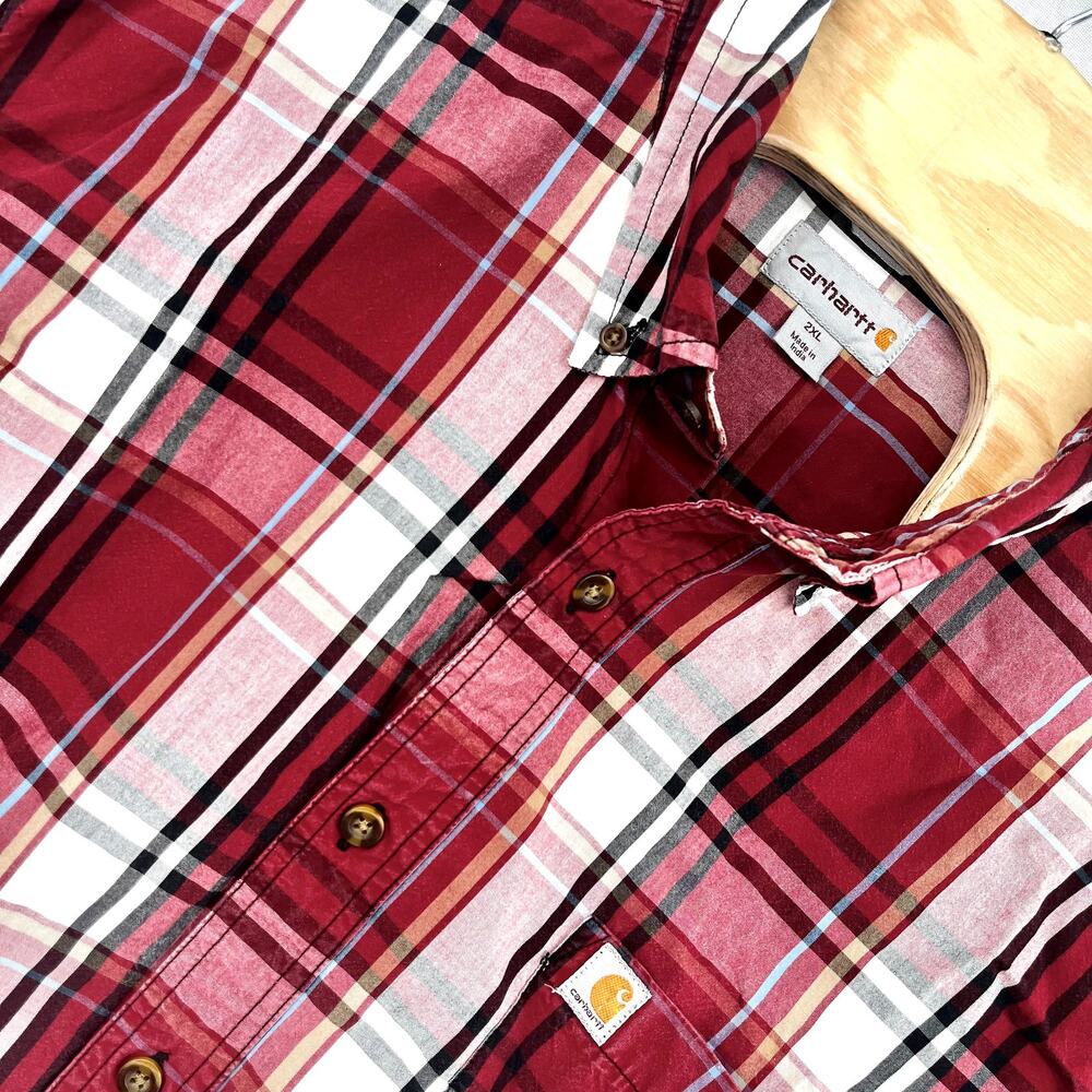 CARHARTT Button Up Relaxed Fit Shirt Red White Multicolor Plaid 2XL Short Sleeve